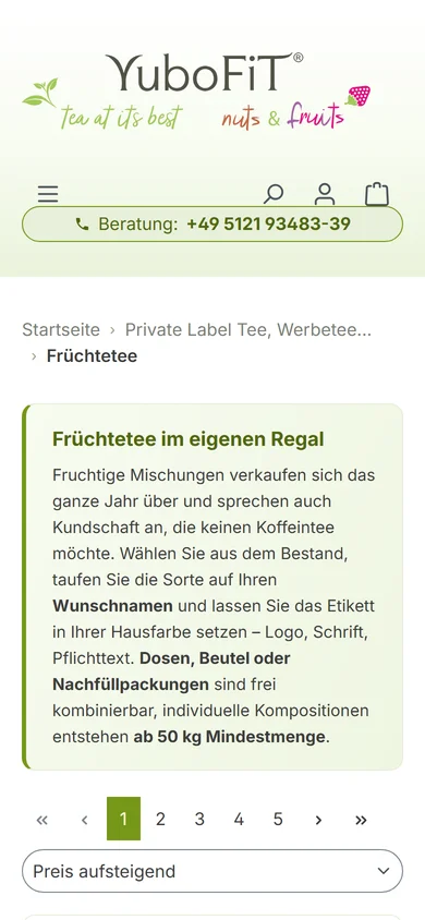 Kategorieseite Früchtetee auf dem Smartphone