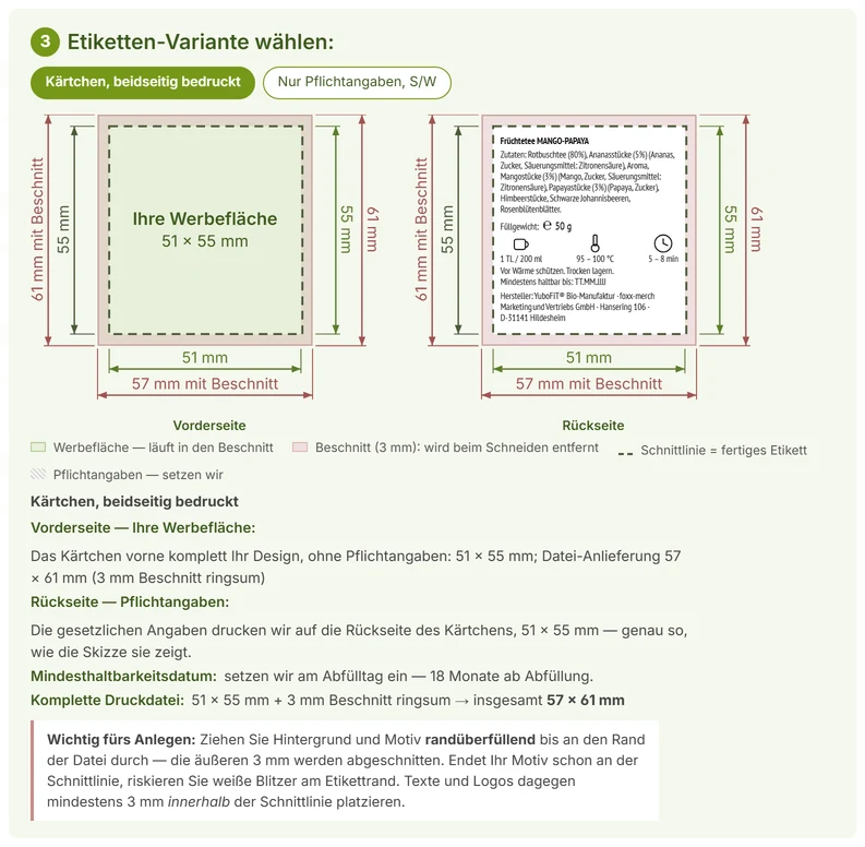 Etikett-Skizze im YuboFiT®-Konfigurator: Vorderseite mit Werbefläche, Rückseite mit gesetztem Pflichtblock, Beschnitt und Maßketten