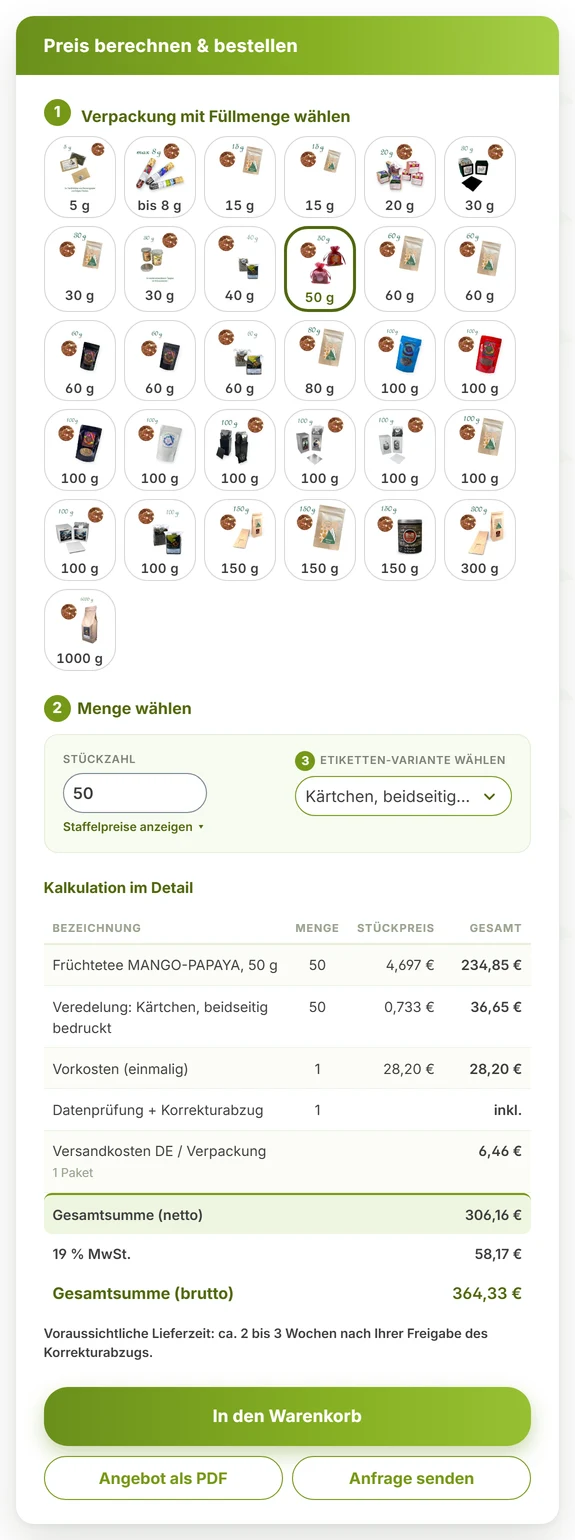 Der Konfigurator im YuboFiT®-Onlineshop: Verpackung wählen, Menge eingeben, Etiketten-Variante wählen, Kalkulation im Detail