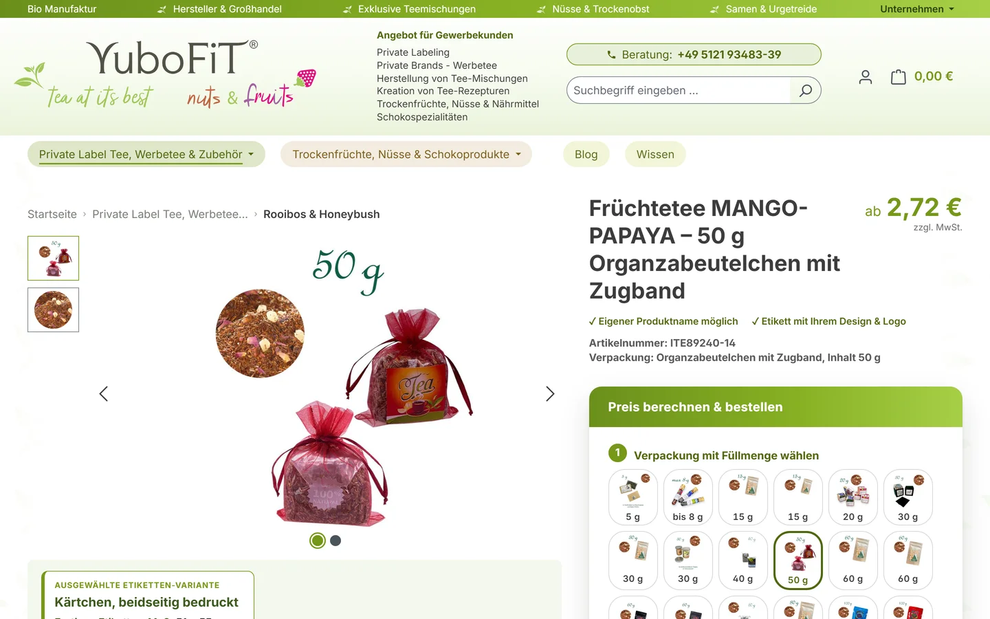 Produktseite mit Konfigurator für Verpackung und Füllmenge im YuboFiT®-Onlineshop