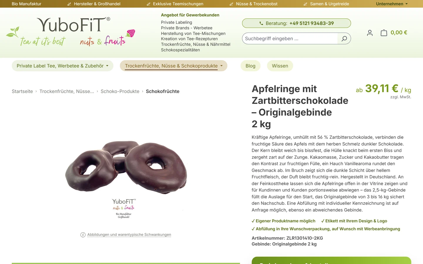 Produktseite Apfelringe mit Zartbitterschokolade im YuboFiT®-Onlineshop