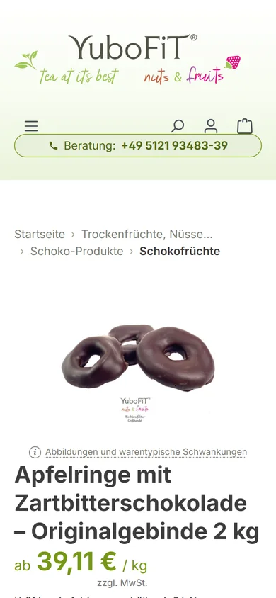 Produktseite Apfelringe mit Zartbitterschokolade auf dem Smartphone